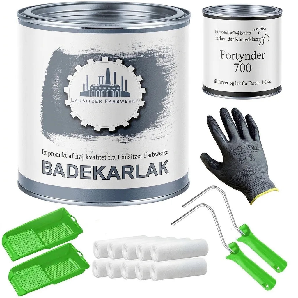 Sæt til lakering af badekar: lak, fortynder, malerruller, malbakker og handsker.