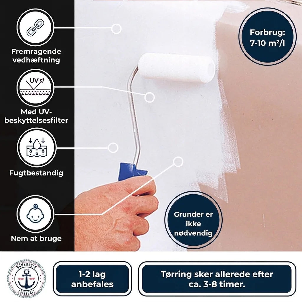 Maling på væg med rulle. Produktfunktioner: Fremragende vedhæftning, UV-beskyttelse, fugtbestandig, ingen primer.