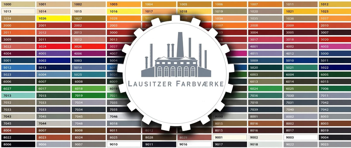 Farvekort med RAL-farver og koder fra Lausitzer Farbwerke, der viser et bredt udvalg af nuancer.