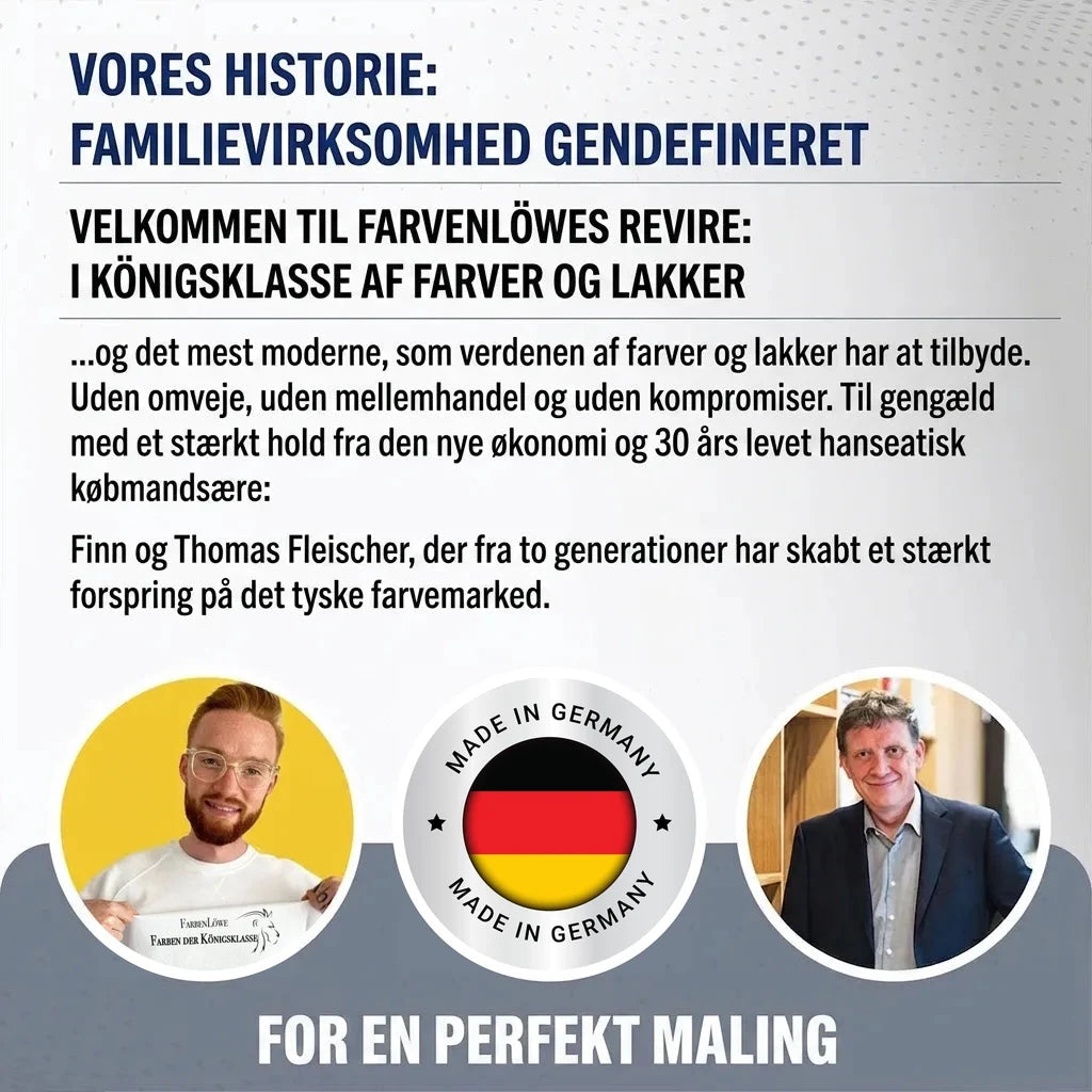 Tysk præsentation af malingsfirma Farbenlöwe: historie, 'Made in Germany' og fotos af grundlæggerne.