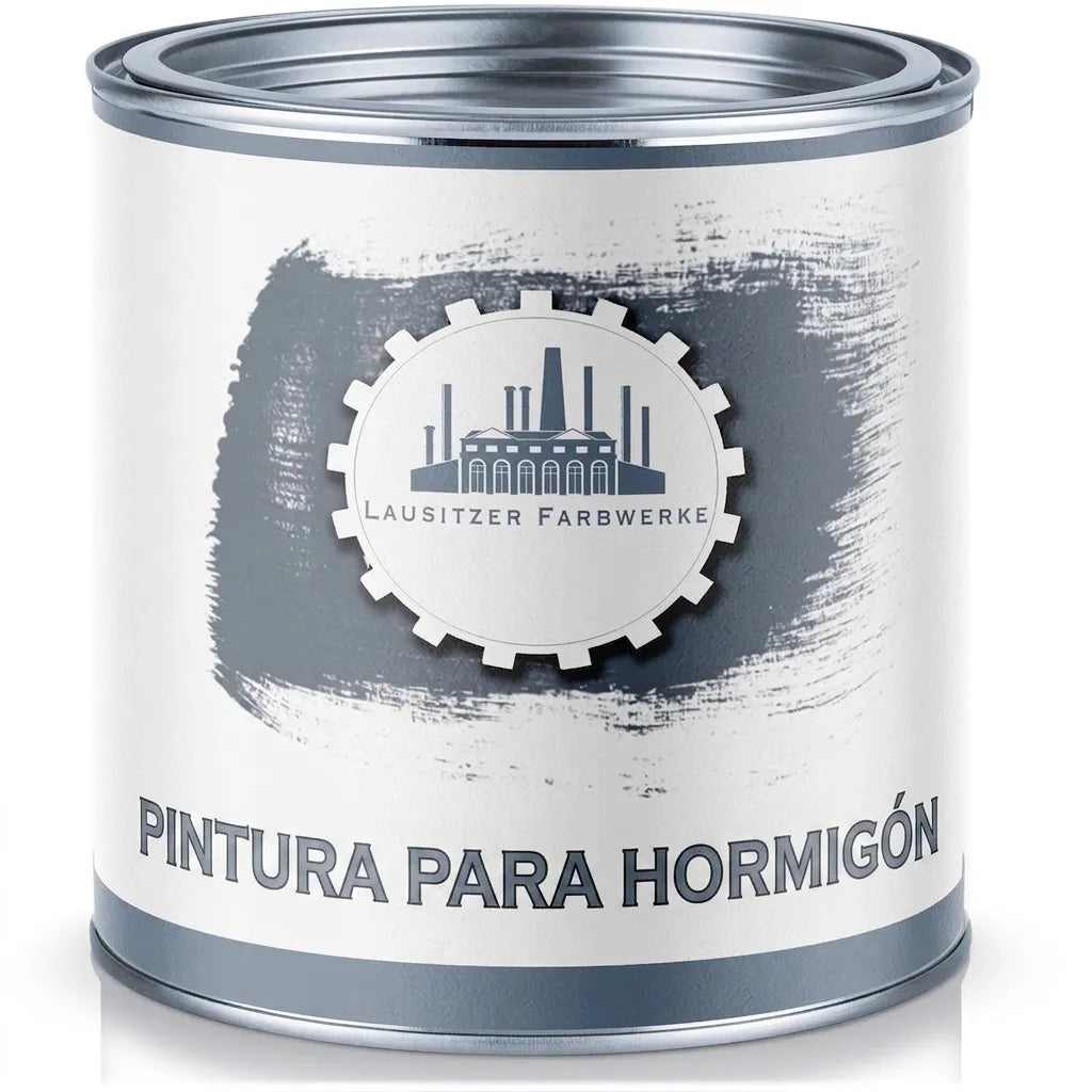 Bote de pintura para hormigón gris con logo Lausitzer Farbwerke. La etiqueta muestra el texto "BETONFARBE".