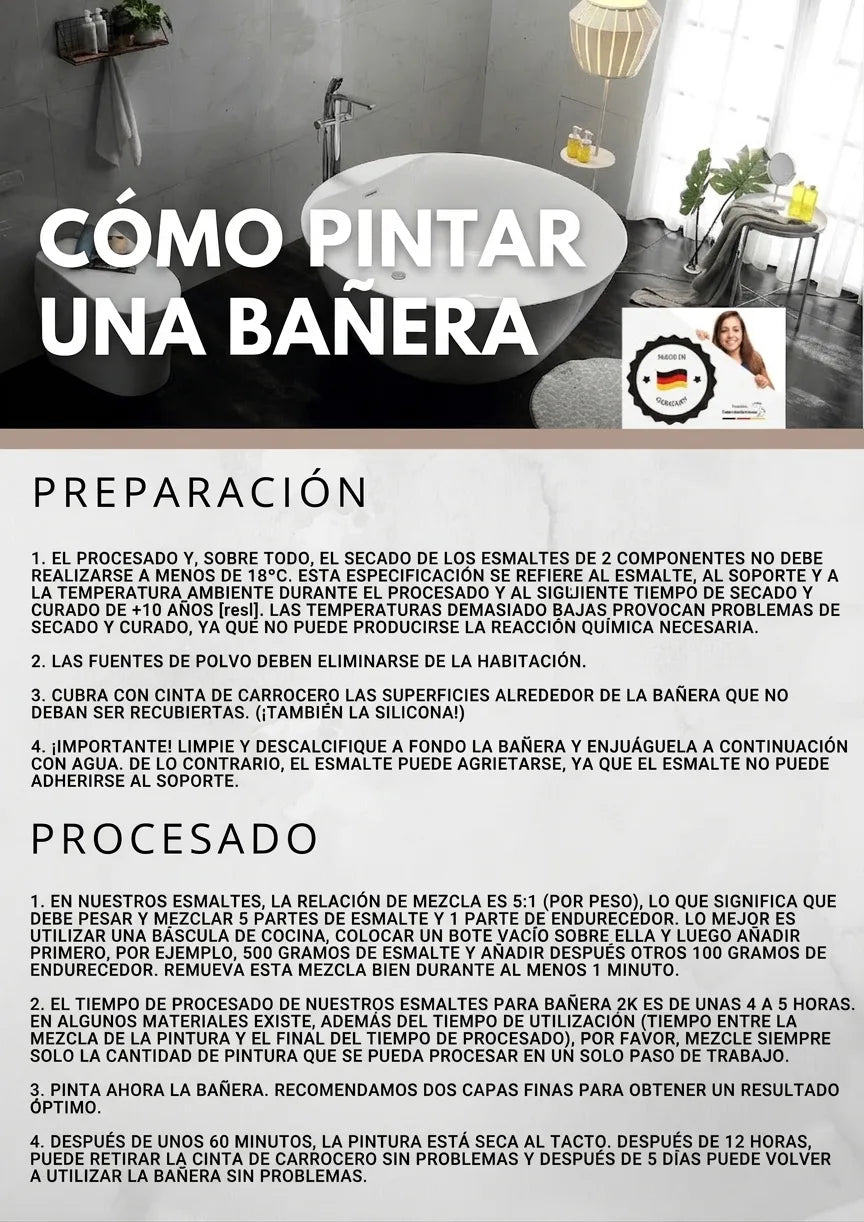 Guía de cómo pintar una bañera con instrucciones de preparación y aplicación en alemán. Bañera blanca moderna con etiqueta 'Made in Germany'