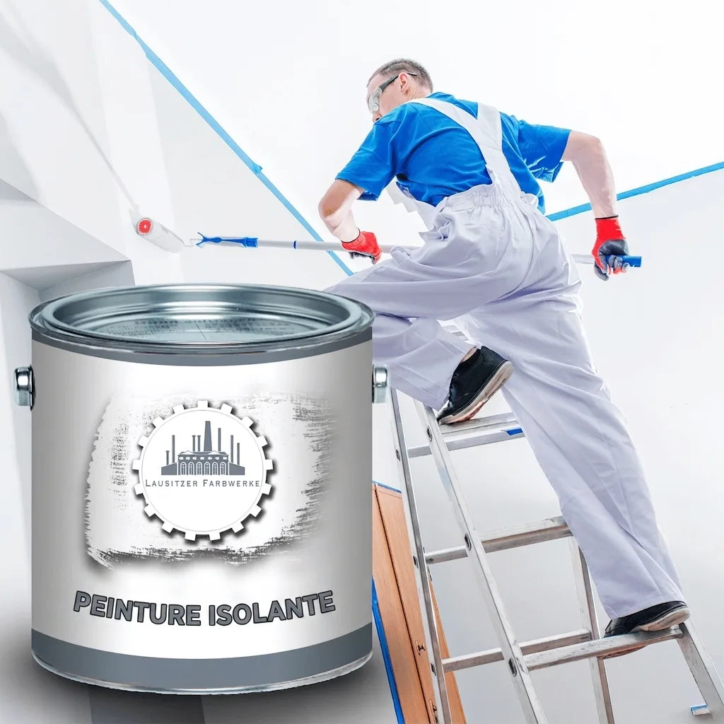 Peintre sur échelle appliquant de la peinture. Gros plan sur un pot de peinture isolante "ISOLIERFARBE" Lausitzer Farbwerke.
