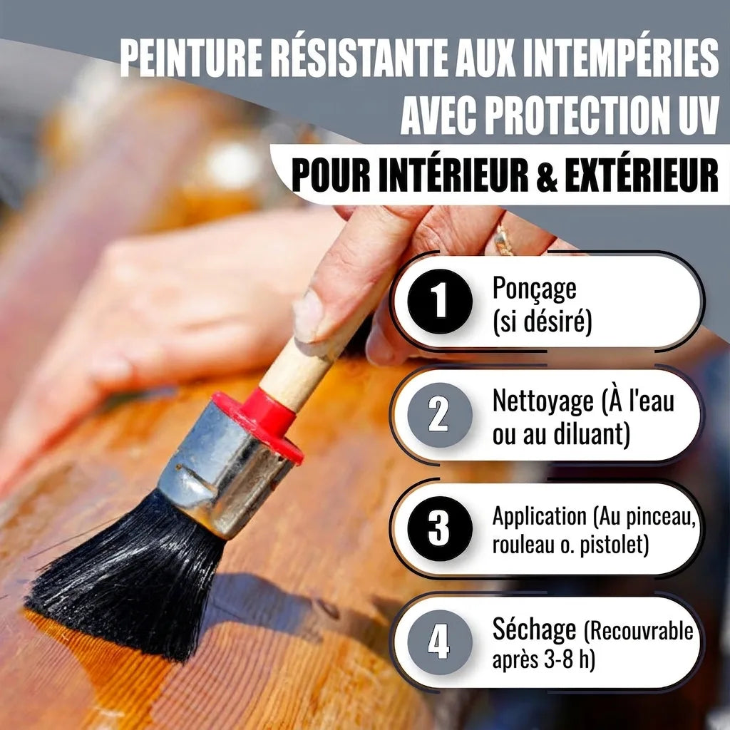 Peinture bois extérieur/intérieur avec protection UV et étapes d'application: ponçage, nettoyage, application, séchage.