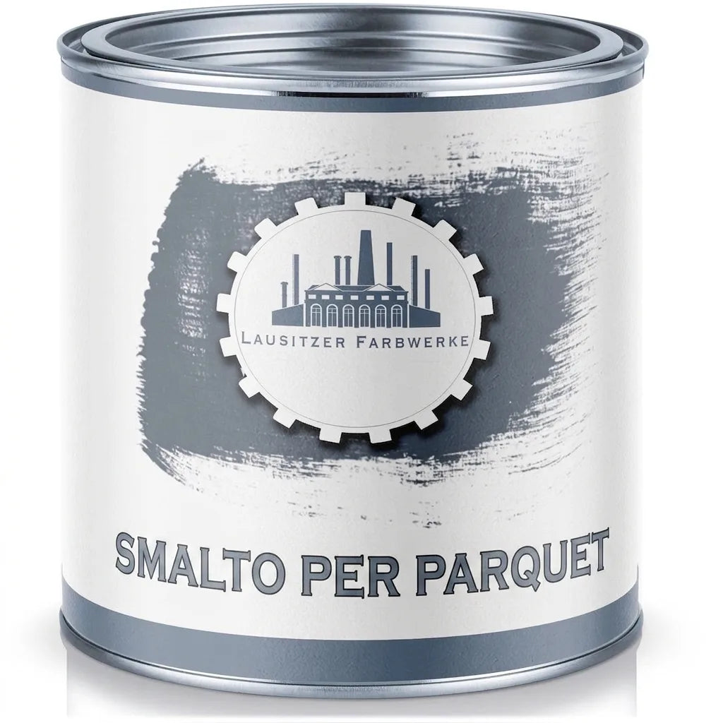 Barattolo di vernice grigia Parkettlack Lausitzer Farbwerke per parquet, pavimenti in legno.