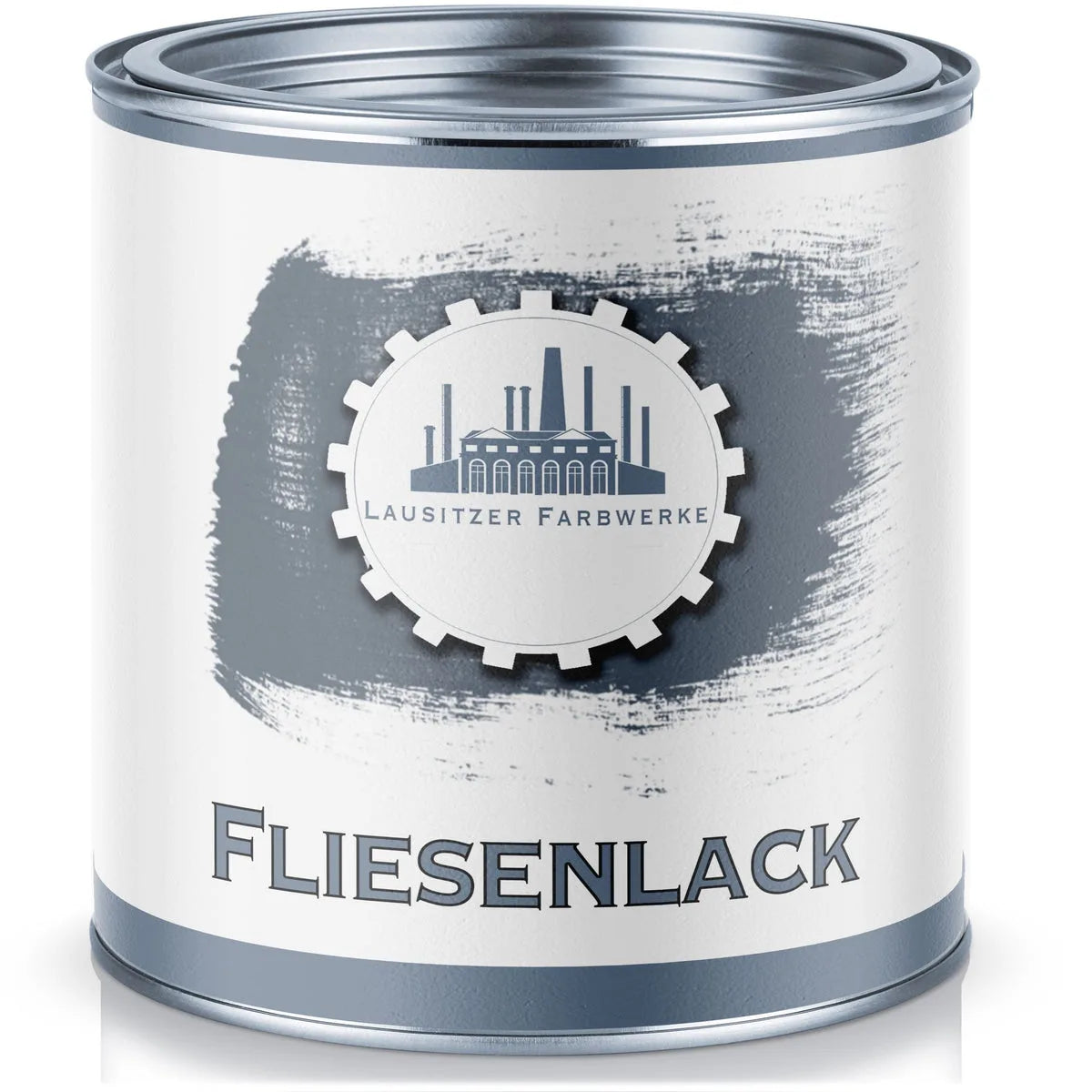 Szara puszka farby Lausitzer Farbwerke, Fliesenlack (lakier do płytek), z logo fabryki.