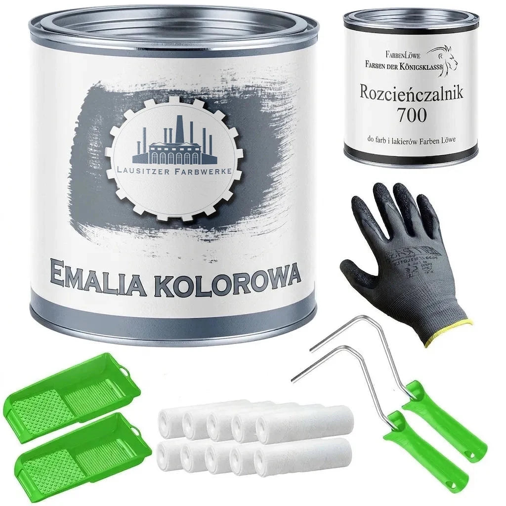 Kompletny zestaw do malowania: farba, rozcieńczalnik, rękawice, wałki malarskie, kuwety na farbę.