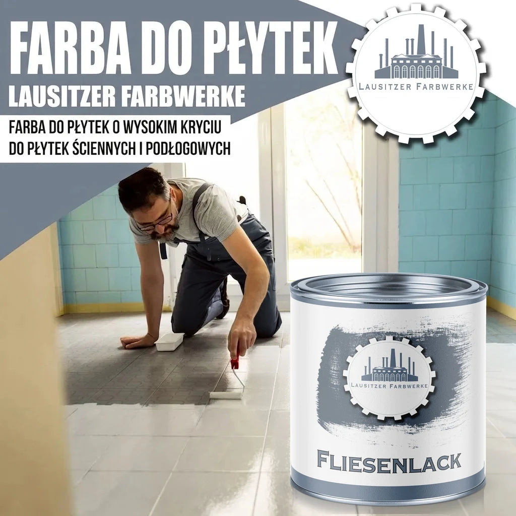 Mężczyzna maluje płytki podłogowe. Puszka farby "FLIESENLACK" marki Lausitzer Farbwerke.