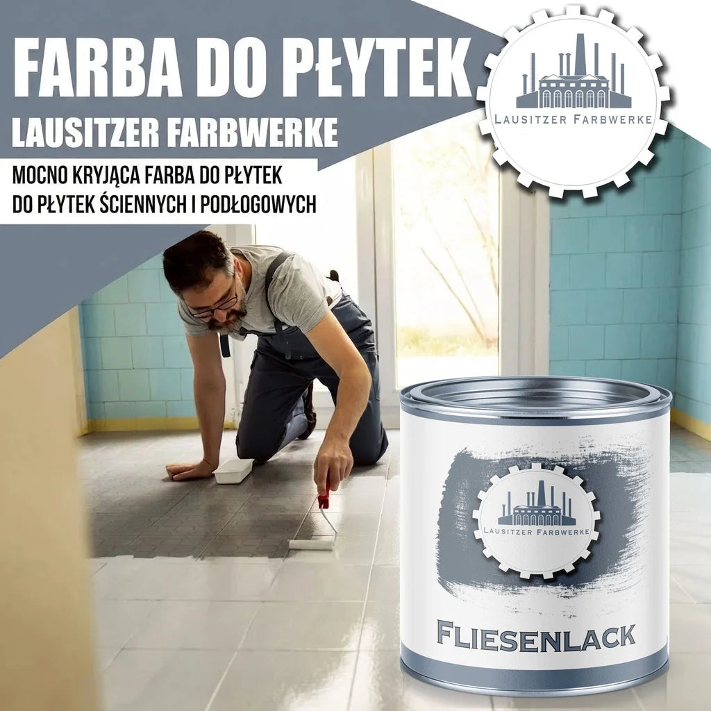 Farba do płytek "Lausitzer Farbwerke". Mężczyzna maluje podłogę. Na puszce: "Fliesenlack".