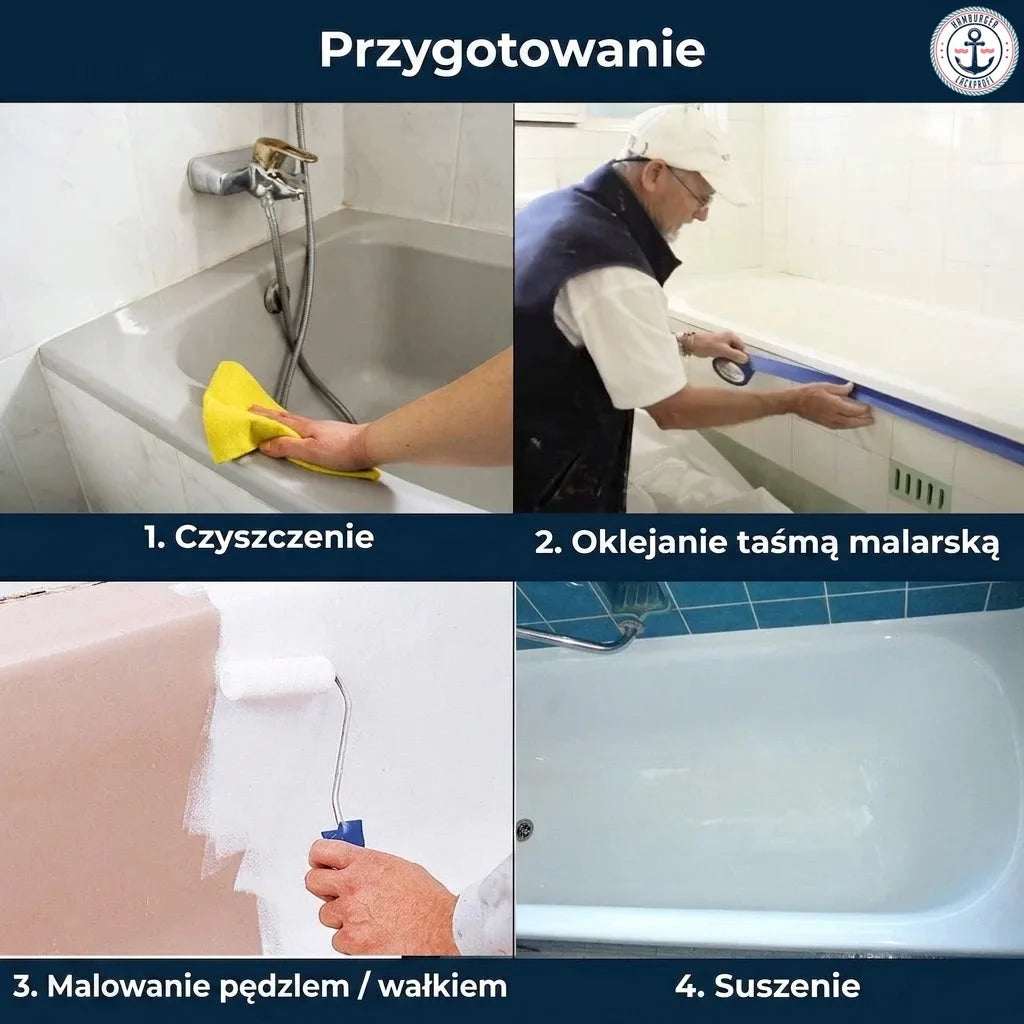 Renowacja wanny krok po kroku: czyszczenie, taśmowanie, malowanie, suszenie.