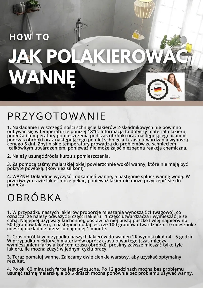 Instrukcja krok po kroku jak pomalować wannę na biało w nowoczesnej łazience. Produkt 'Made in Germany'.