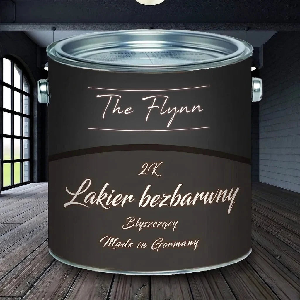 Ciemna puszka farby „The Flynn 2K Klarlack Glänzend” (bezbarwny lakier dwuskładnikowy, błyszczący, Made in Germany)