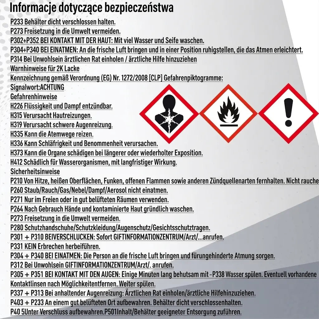 Niemieckie wskazówki bezpieczeństwa i piktogramy zagrożeń dla produktu.