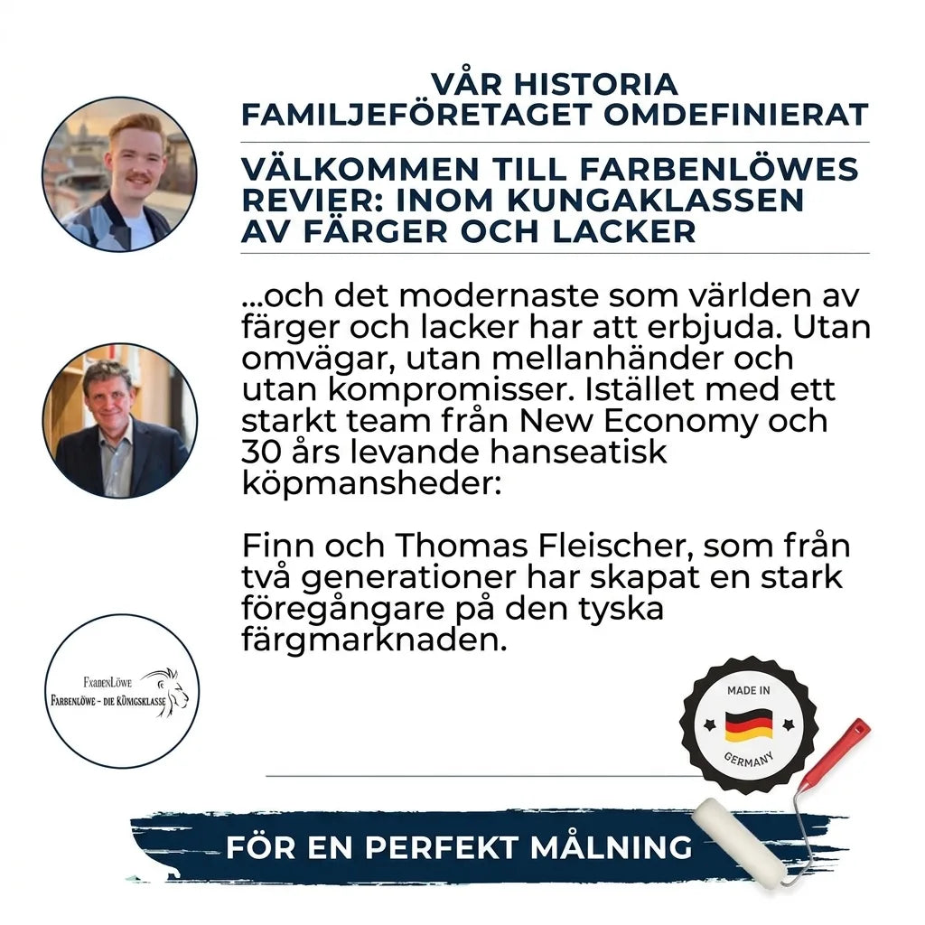 Text och bilder som presenterar familjeföretaget Farbenlöwe, deras högkvalitativa färg och lack, 'Made in Germany'.