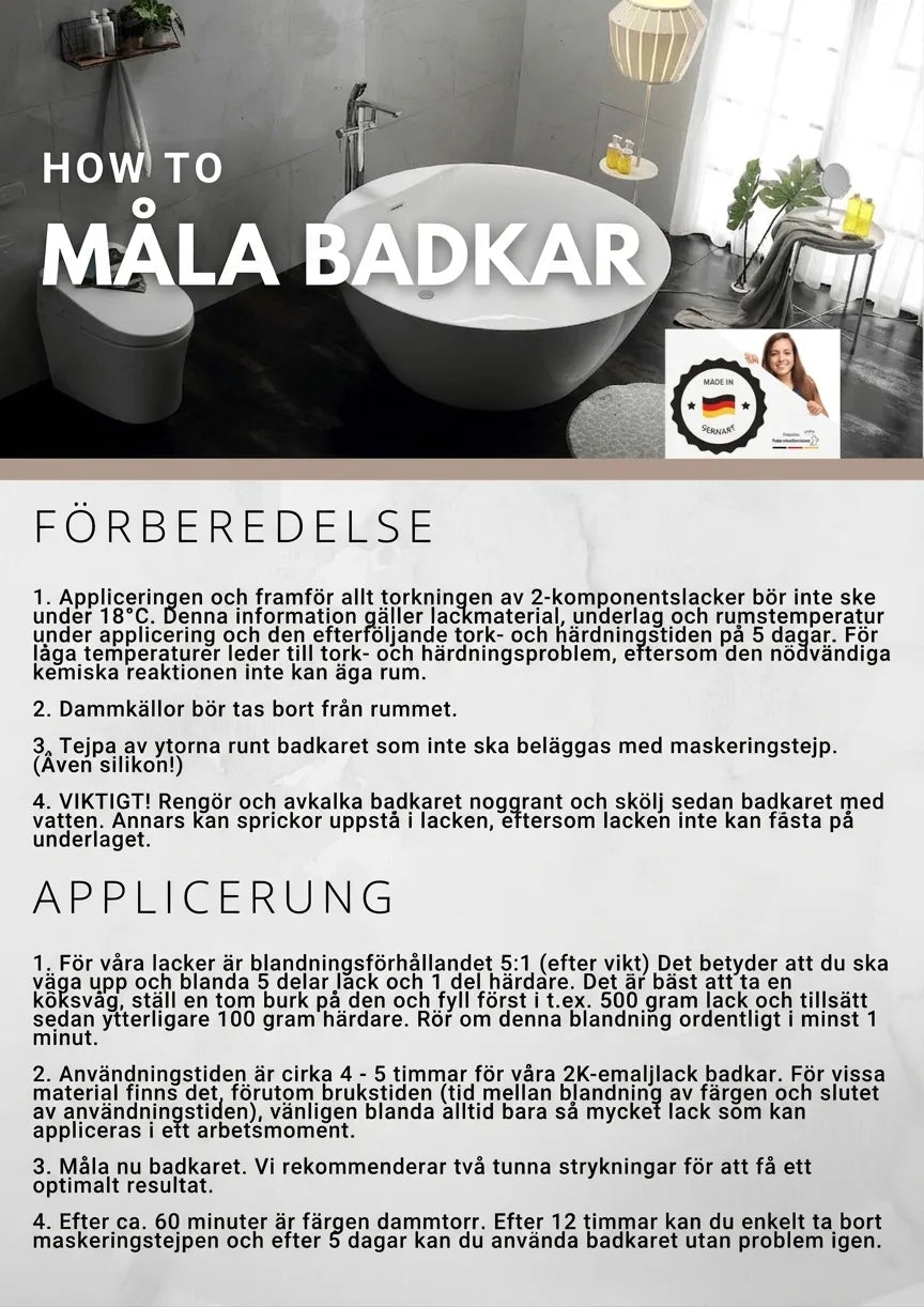 Steg-för-steg-anvisningar för lackering av badkar. Förberedelse och applicering. Med Made in Germany-kvalitet.