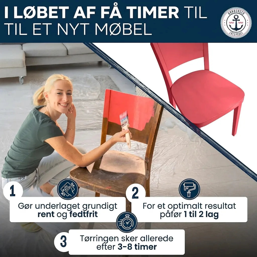 Forvandl dine møbler: En guide til at male en stol, med trin for rengøring, maling og tørretid.