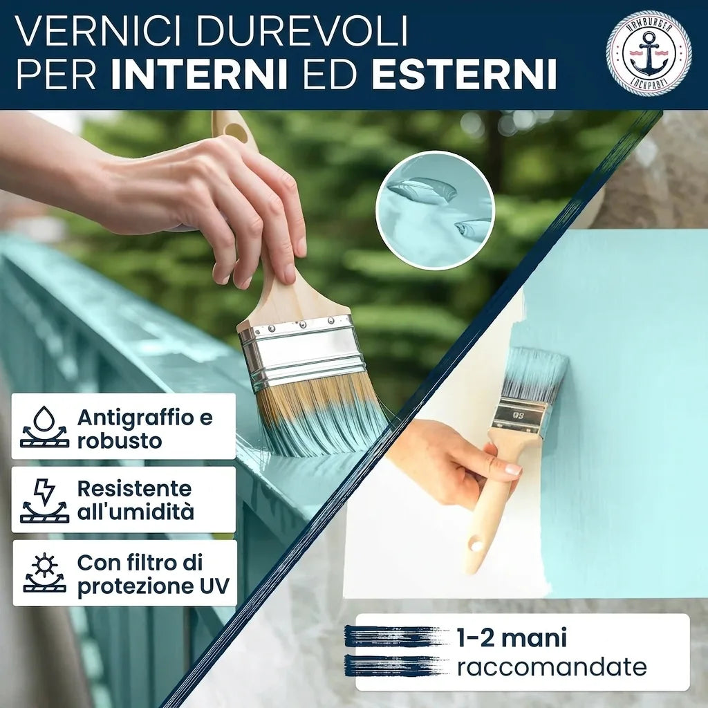 Pittura durevole per interni ed esterni. Antigraffio, resistente umidità, con filtro UV. 1-2 mani consigliate.