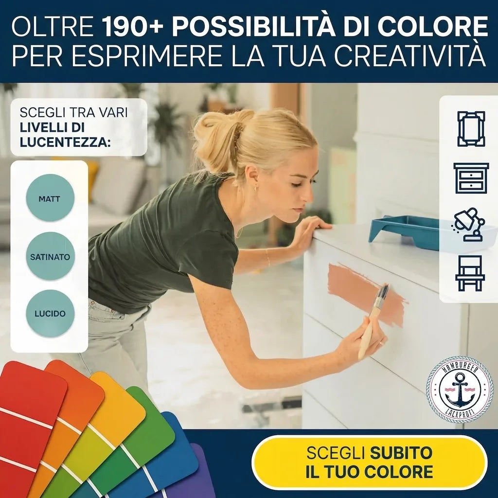 Donna vernicia comò bianco. Campioni colori arcobaleno e finiture (opaco, satinato, lucido). Opzioni per progetti fai da te.