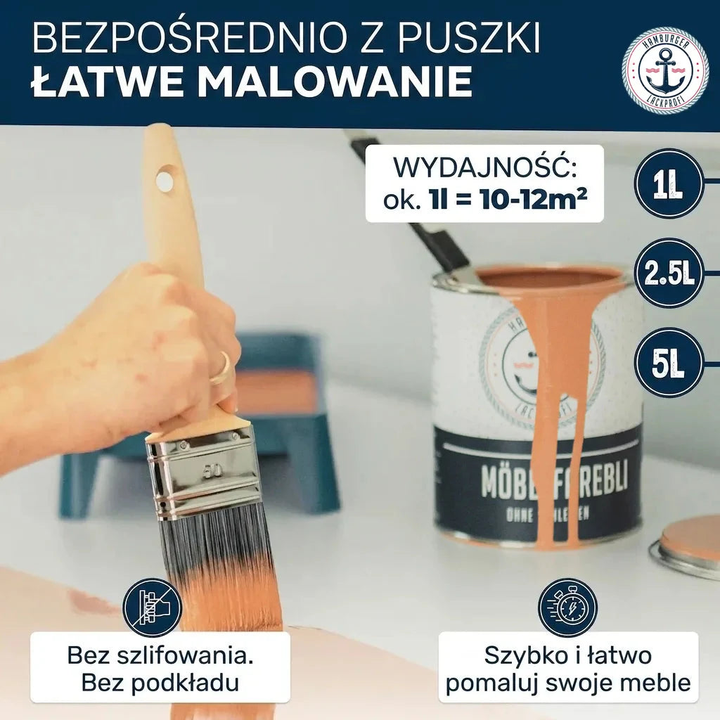 Osoba malująca meble. Puszka pomarańczowej farby do mebli. Tekst: Bez szlifowania i gruntowania, wydajność ok. 1L/10-12m².