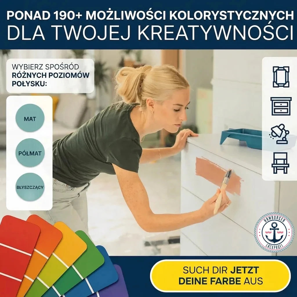Kobieta malująca komodę, paleta kolorów, opcje połysku i ikony mebli. Wybierz swój kolor farby.
