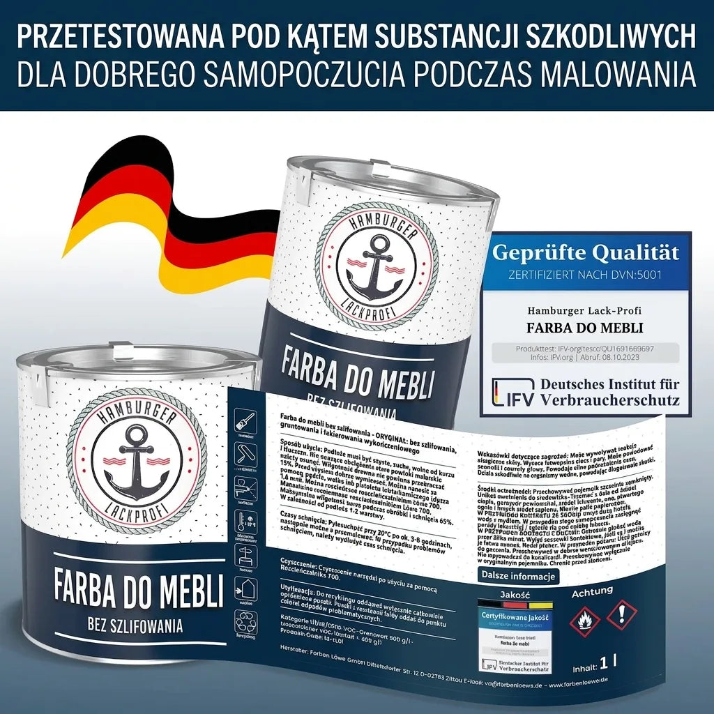 Puszki farby do mebli Hamburger Lack-Profi z niemiecką flagą. Farba testowana, bez szlifowania, dla dobrego samopoczucia.