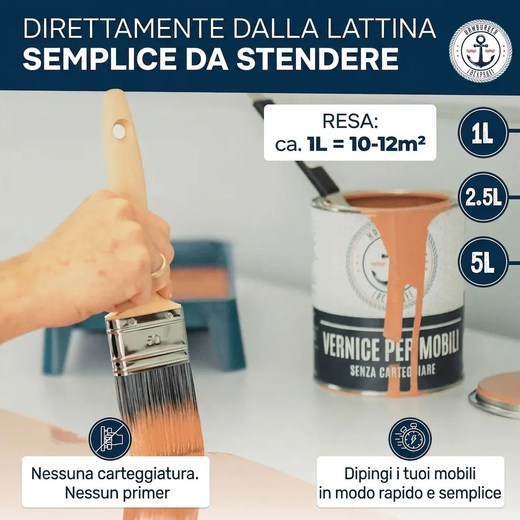 Vernice per mobili senza levigatura o primer, colore pesca. Dettagli consumo (1L=10-12m²) e formati (1L, 2.5L, 5L).