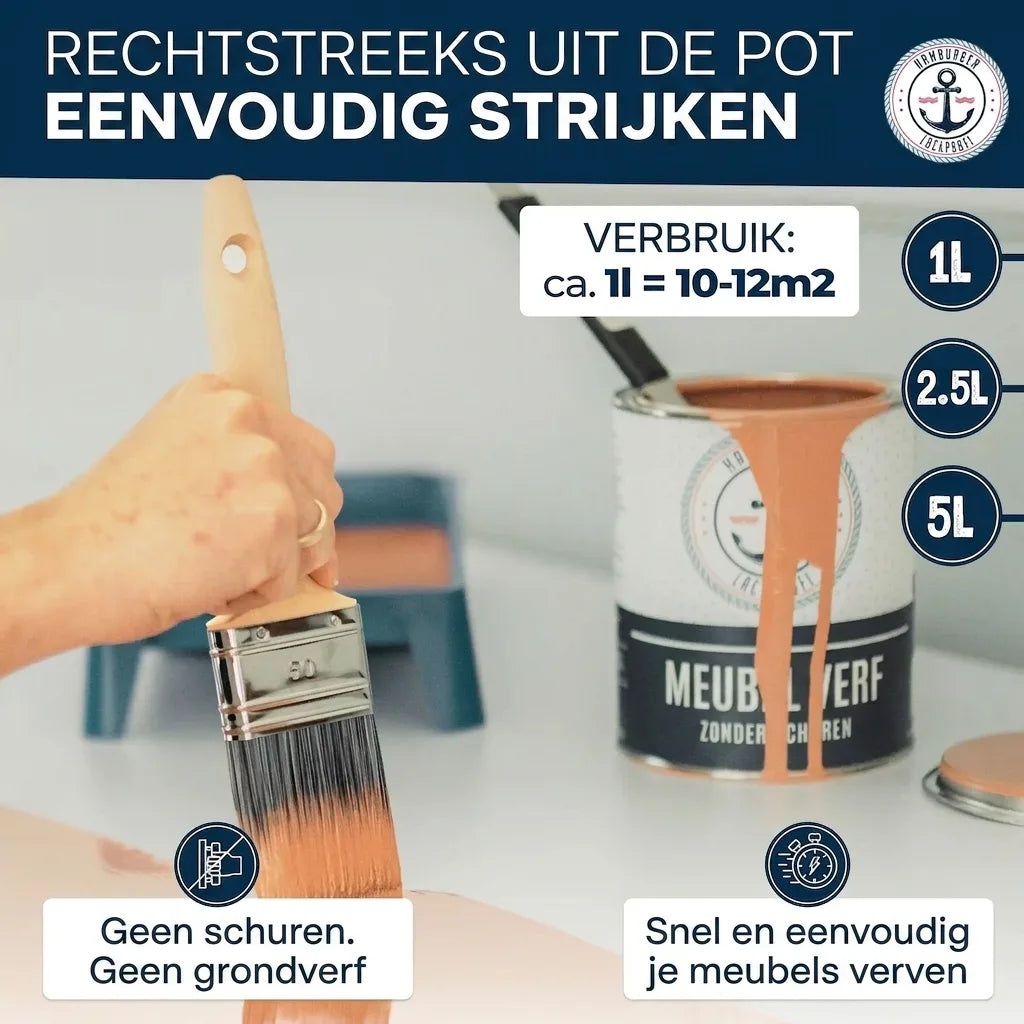 Meubelverf direct uit de pot, zonder schuren of grondverf. Snel en eenvoudig aan te brengen. 1L voor 10-12m².