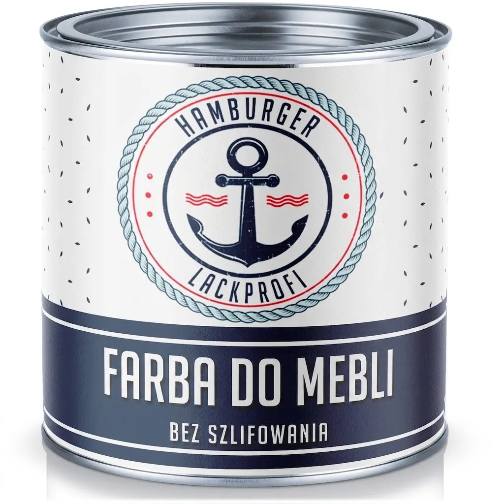 Puszka farby do mebli Hamburger Lackprofi, biało-granatowa etykieta z kotwicą, bez szlifowania.