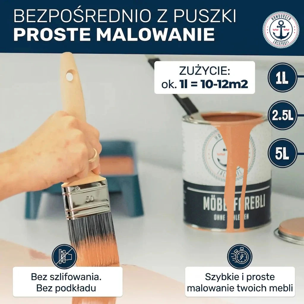 Farba do mebli: aplikacja prosto z puszki, bez szlifowania i gruntowania. Szybko odśwież meble. Wydajność: 1L=10-12m2. Dostępne pojemności: