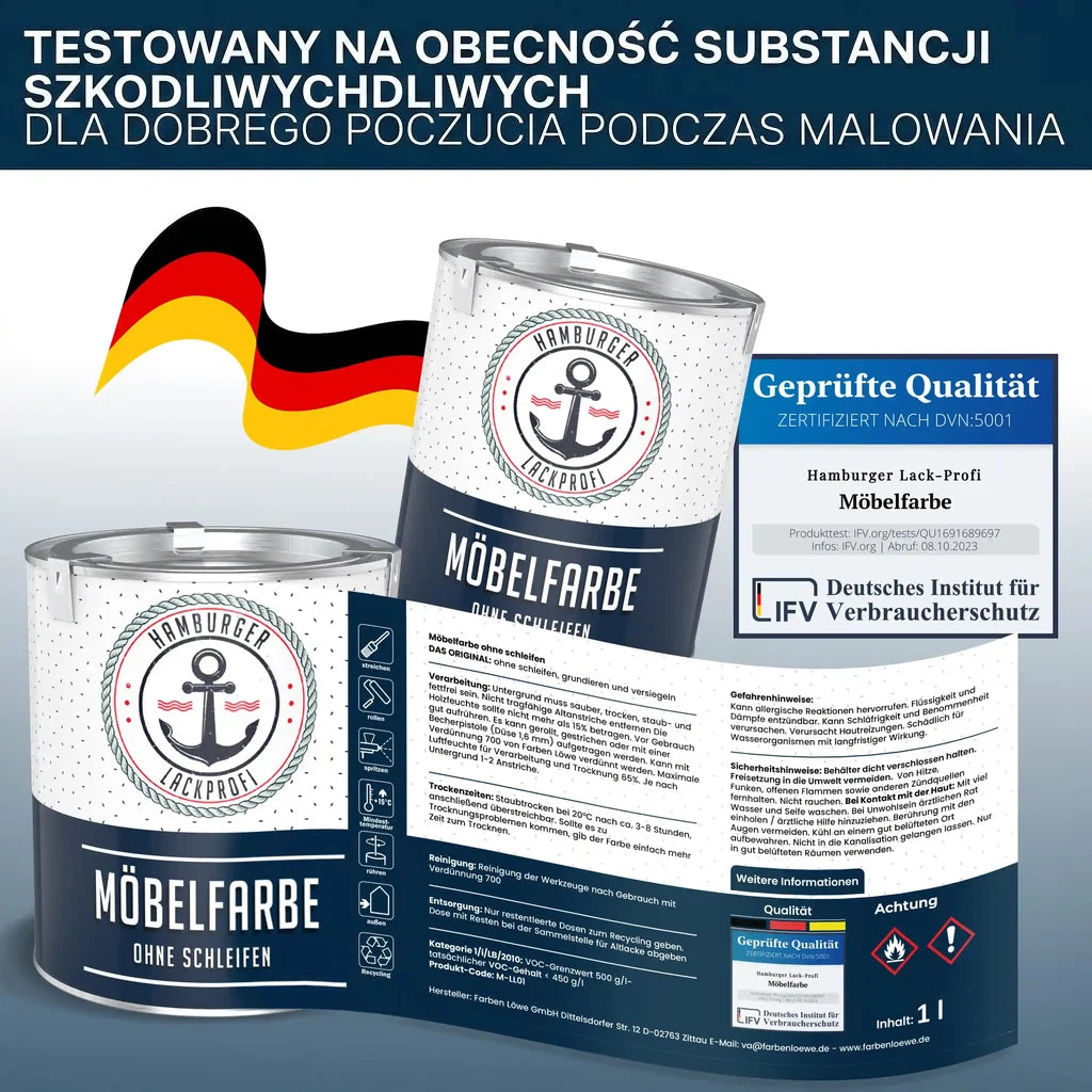 Niemiecka farba do mebli Hamburger Lack-Profi, bez szlifowania, atestowana, z certyfikatem jakości.