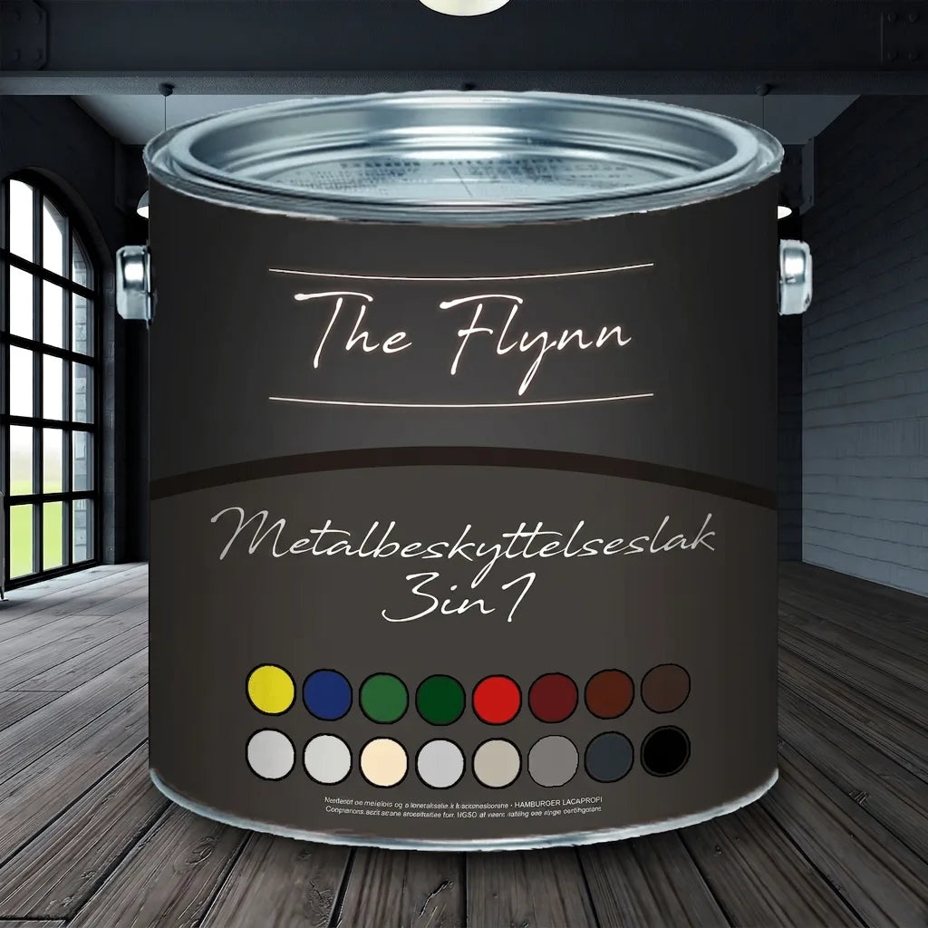 Malingsdåse The Flynn Metalbeskyttelseslak 3i1 med farveudvalg vist i et industrielt inspireret rum.