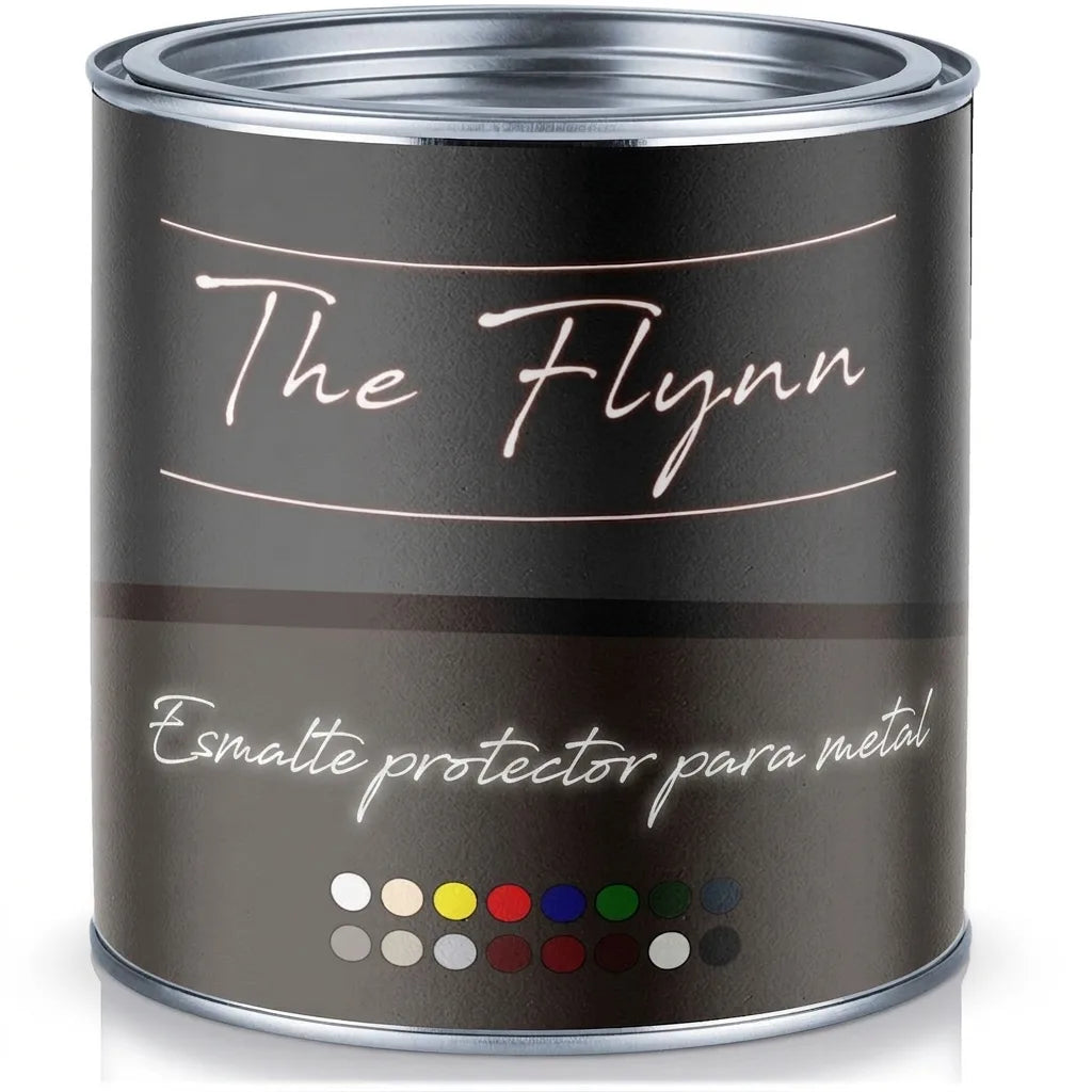 Lata de pintura The Flynn, laca protectora para metal, color oscuro con tapa plateada y muestras de color.