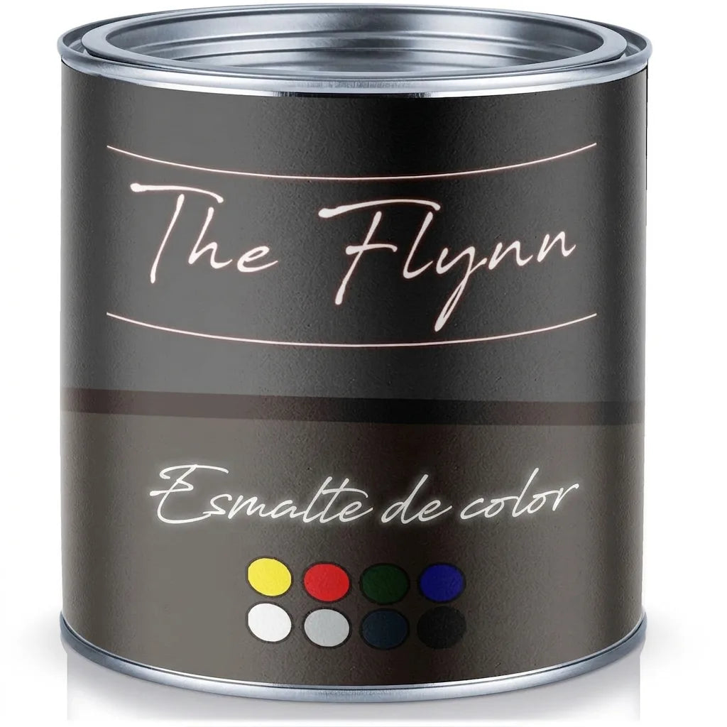 Lata de pintura The Flynn Buntlack sobre fondo blanco, mostrando la etiqueta oscura con muestras de colores.