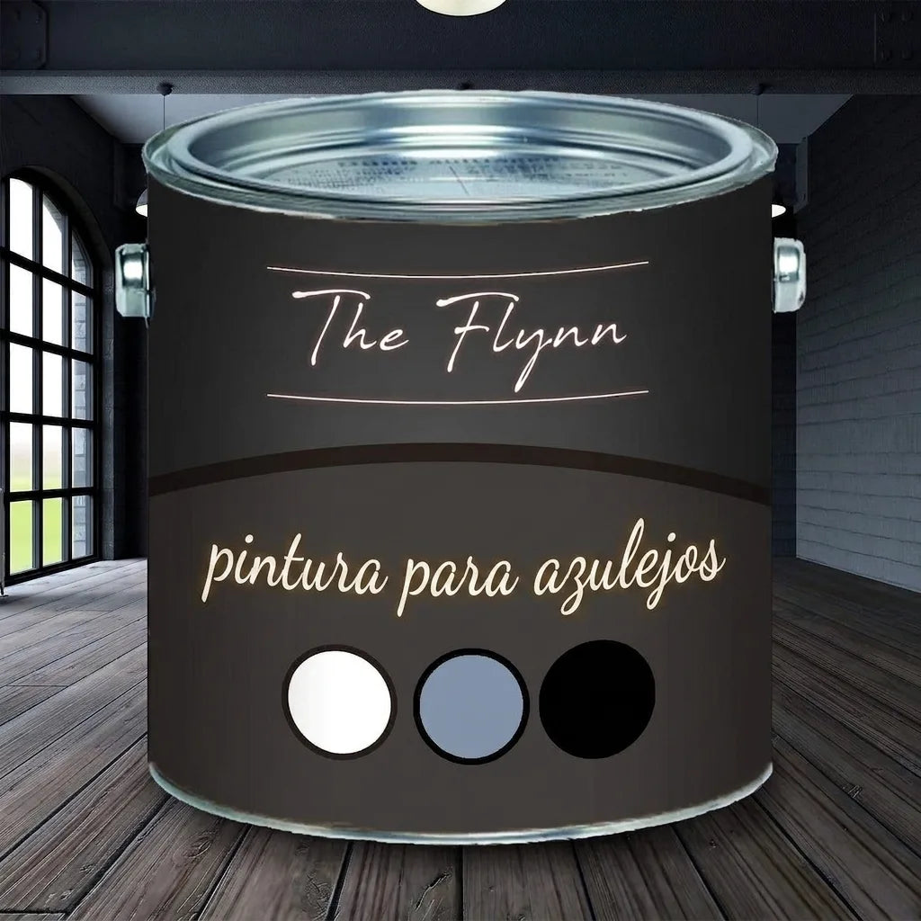 Bote de pintura negra The Flynn Fliesenlack para azulejos con muestras de color blanco, gris azulado y negro en interior moderno.