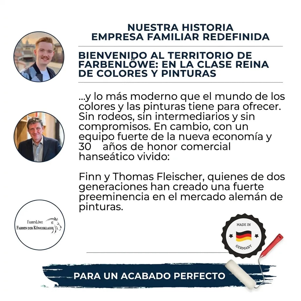 Historia de la empresa familiar Farbenlöwe, con Finn y Thomas Fleischer, ofreciendo pinturas y lacas de alta calidad, 'Made in Germany'.