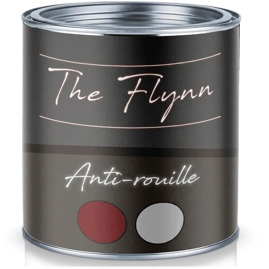 Pot de peinture The Flynn Rostschutz (protection rouille) avec échantillons de couleurs rouge et gris.