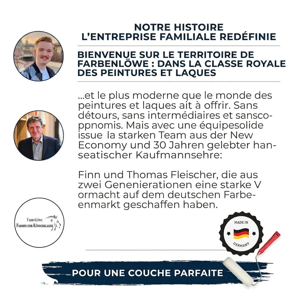 Page marketing Farbenlöwe: histoire, valeurs, portraits des fondateurs, peintures et vernis "Made in Germany".