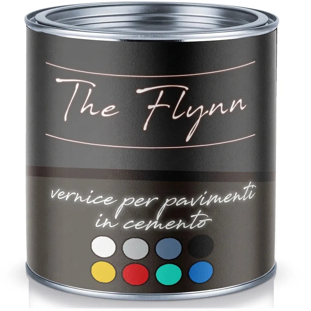 Barattolo di vernice nera The Flynn Betonfarbe con campioni di colore: bianco, grigio, blu, nero, giallo, rosso, turchese, blu.
