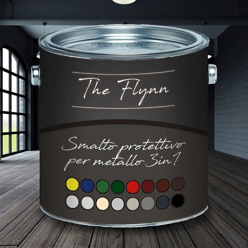 Lattina di vernice protettiva per metalli The Flynn 3in1 in marrone, con campioni di colore.