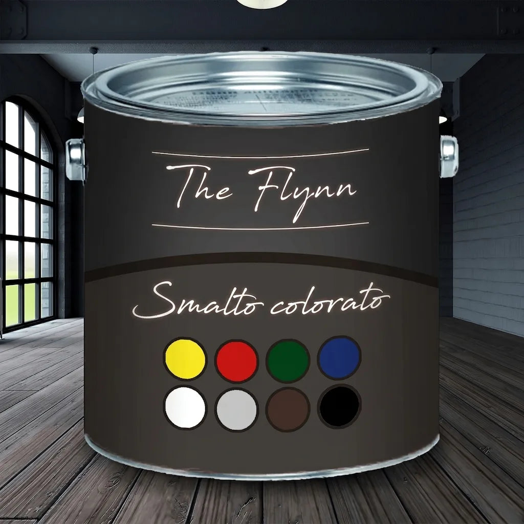 Barattolo di vernice scuro 'The Flynn Bunttack' con 8 campioni di colore.