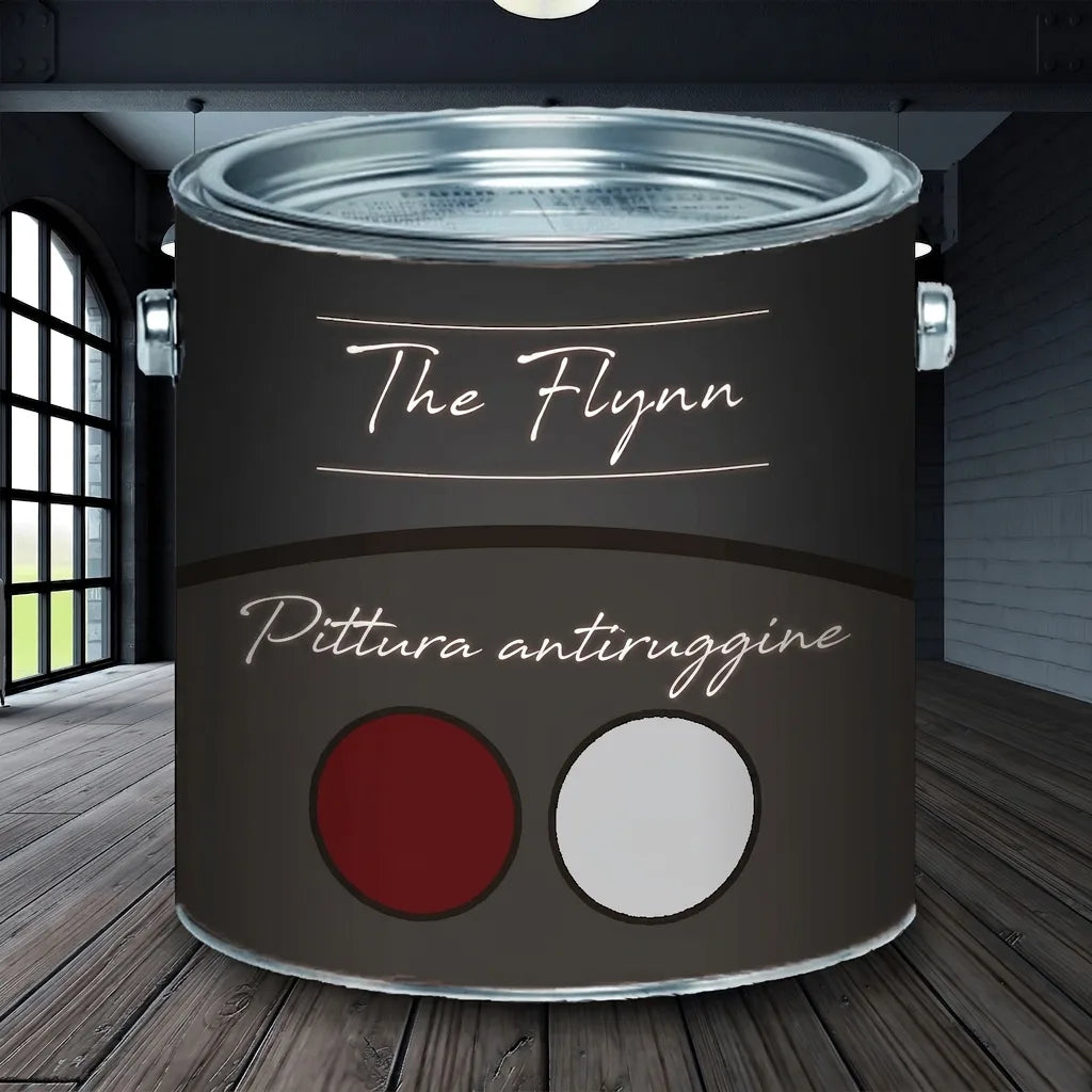 Lattina di vernice antiruggine The Flynn grigio scuro con campioni di colore rosso scuro e grigio.