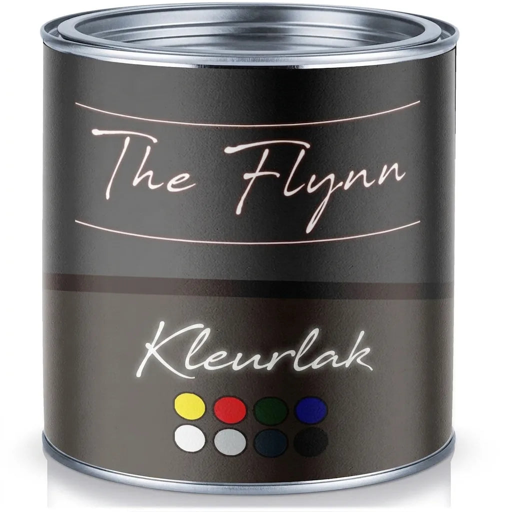 Een donkergrijs blik verf van het merk 'The Flynn', type 'Buntlack', met diverse kleurenstalen.