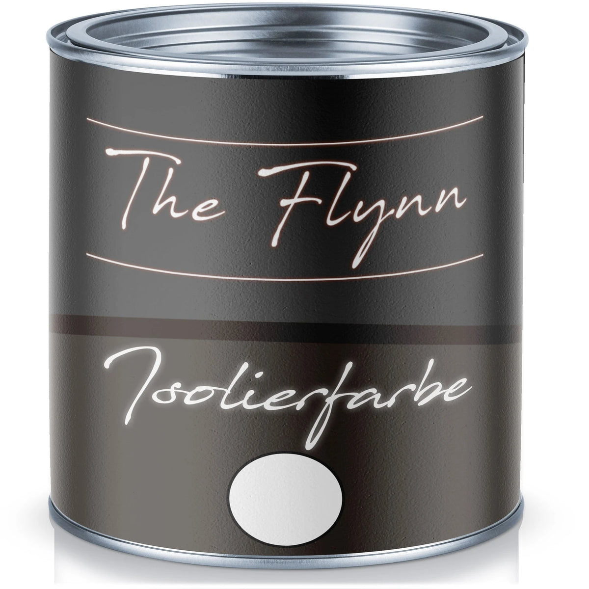 Puszka farby "The Flynn Isolierfarbe" w kolorze ciemnoszarym z białym kółkiem próbki koloru.
