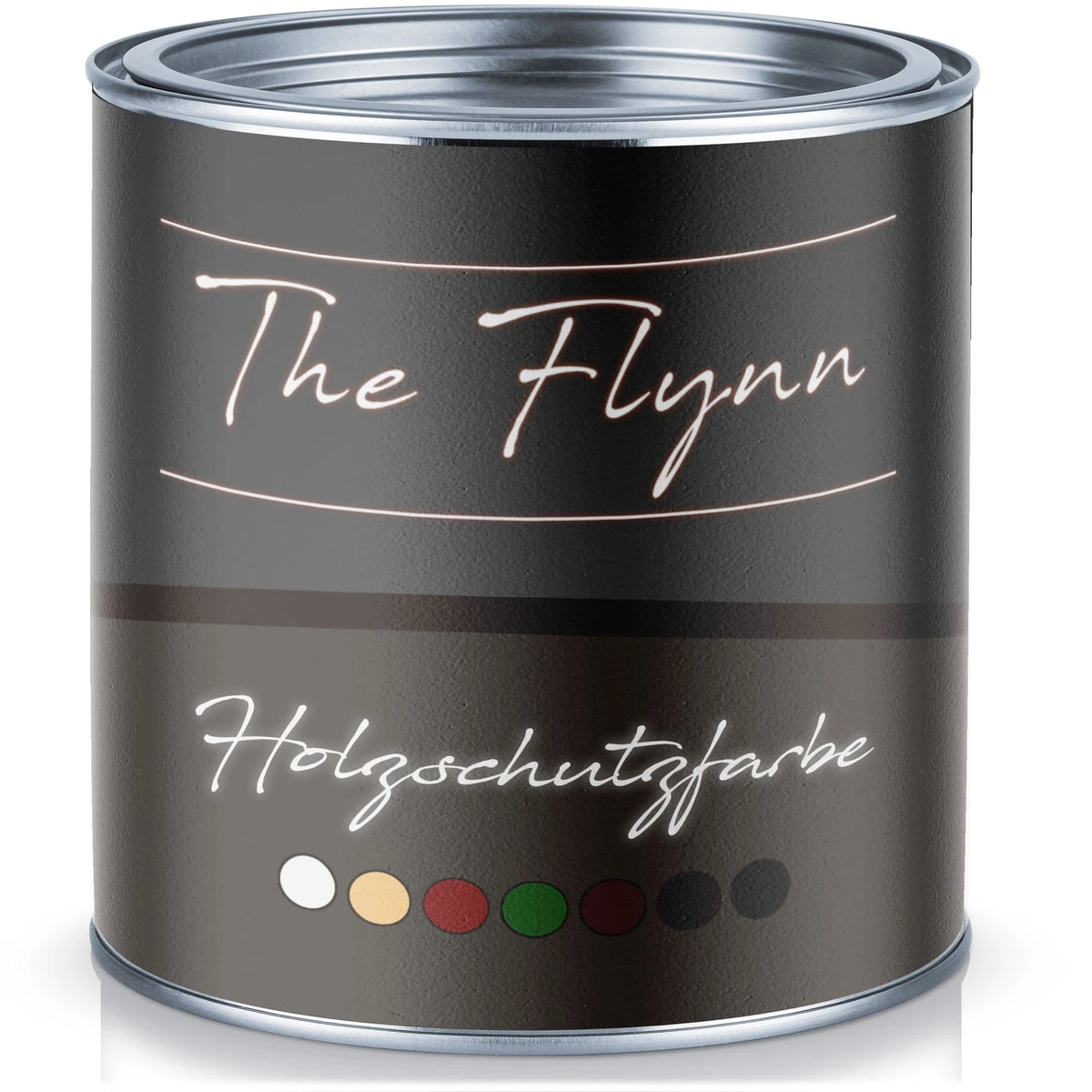 Puszka farby do drewna The Flynn, niemiecki napis „Holzschutzfarbe” i próbki kolorów na etykiecie.