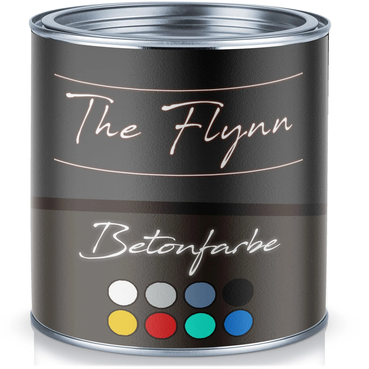 Czarna puszka farby do betonu z napisem 'The Flynn Betonfarbe' i ośmioma próbkami kolorów.