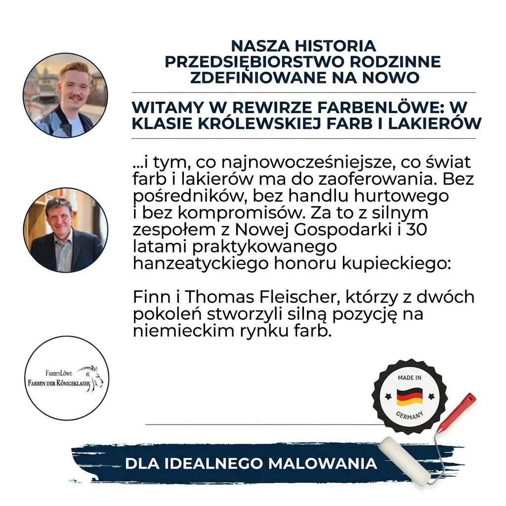 Finn i Thomas Fleischer, rodzinna firma Farbenlöwe oferująca farby i lakiery królewskiej klasy, Made in Germany.