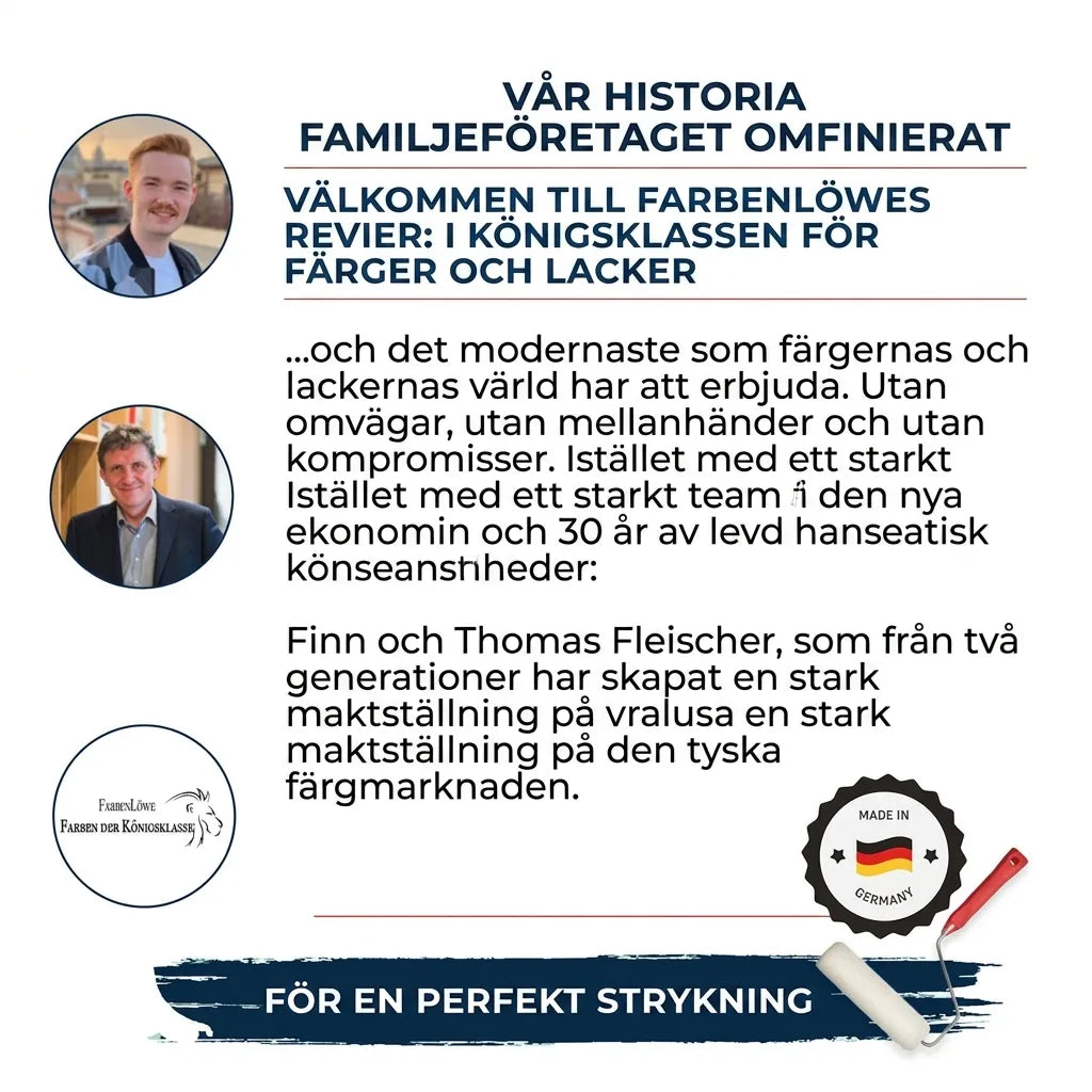 Informationsgrafik om Farbenlöwe, ett tyskt familjeföretag med Finn och Thomas Fleischer, som erbjuder premiumfärg.