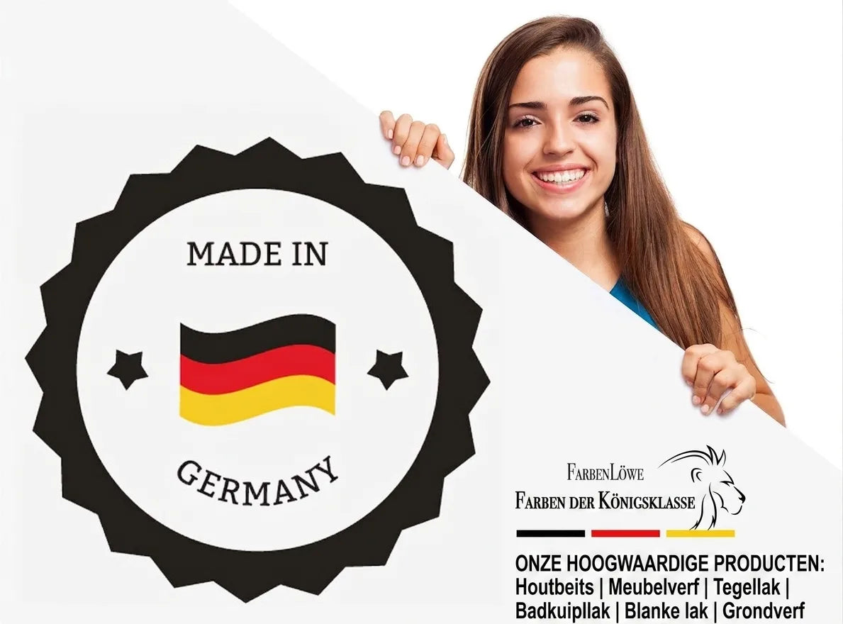 Lachende vrouw met bord: 'Made in Germany' label, Duitse vlag en FarbenLöwe logo.