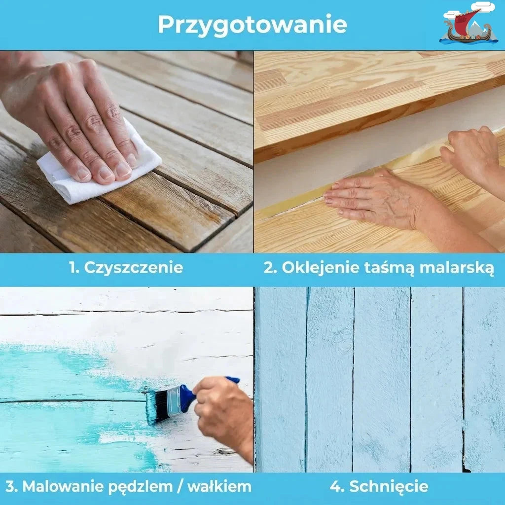 Instrukcja malowania drewna: 1. Czyszczenie, 2. Zakrywanie taśmą malarską, 3. Malowanie, 4. Suszenie.