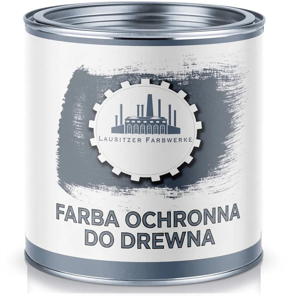 Puszka szarej farby ochronnej do drewna Lausitzer Farbwerke z logo fabryki na etykiecie.